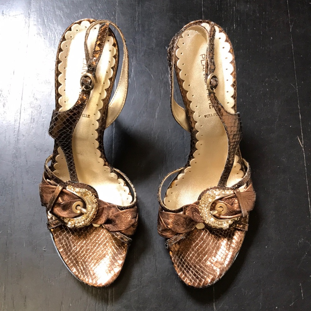 Stunning💛Italian Vintage Heels Snakeskin Bronze - Picture 2 of 10
